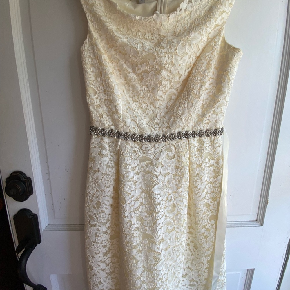 Teri Jon Cream Lace Midi Dress with Silver Detail